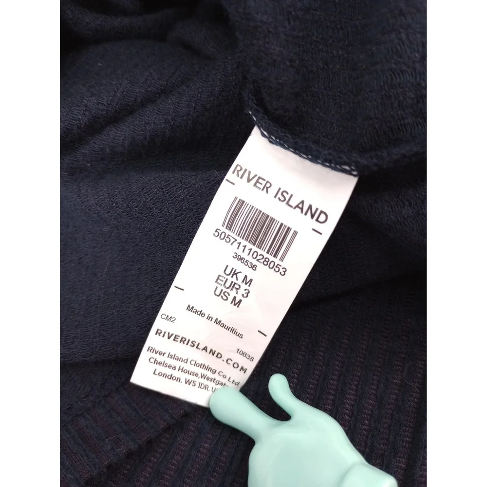 River Island T-Shirt Mens Size M Navy Blue Ribbed Short Sleeve Logo
